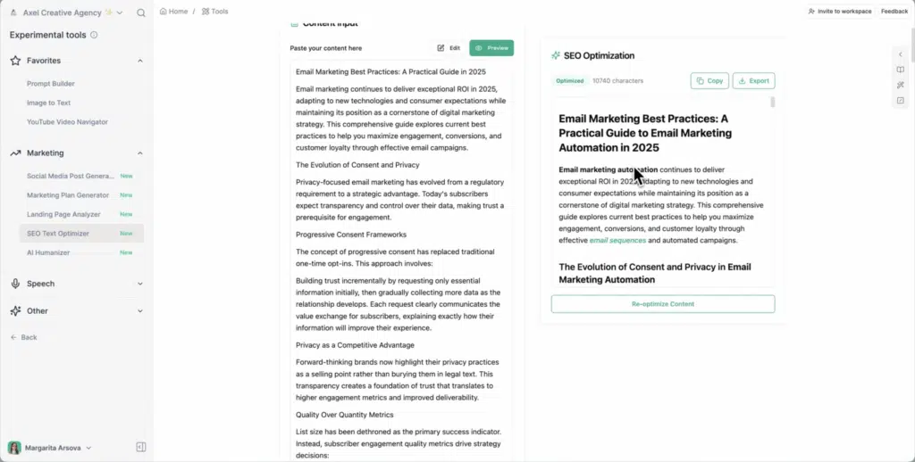 Optimized article with SEO tool